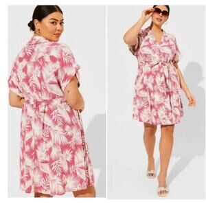 Torrid Shaded Palms Mini Rayon Slub Button Front Collared Dress Rose Size XL